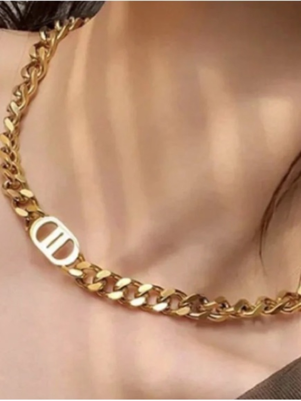 Gold Curb Chain Necklace with Oval Link Accent